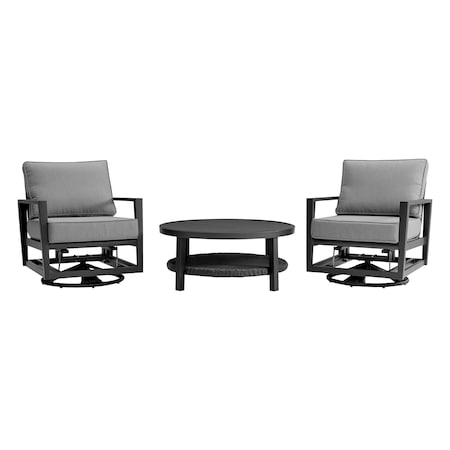 Armen Living Grand 3 Piece Black Aluminum Outdoor Seating Set with Dark Gray Cushions 840254333086